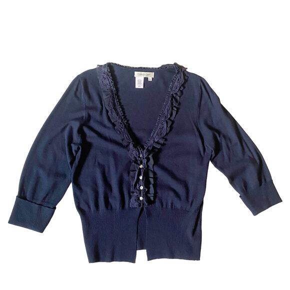 Coldwater Creek Ruffle Cardigan Dark Blue Button Up Womens Size Medium - Picture 1 of 7